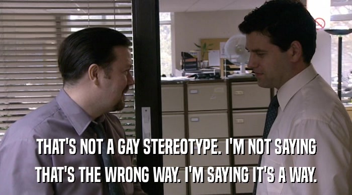 THAT'S NOT A GAY STEREOTYPE. I'M NOT SAYING
 THAT'S THE WRONG WAY. I'M SAYING IT'S A WAY. 