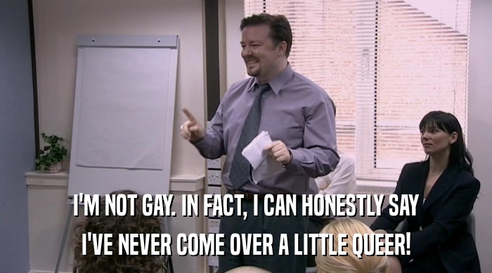 I'M NOT GAY. IN FACT, I CAN HONESTLY SAY
 I'VE NEVER COME OVER A LITTLE QUEER! 