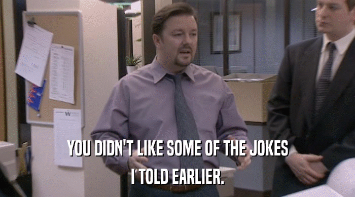 YOU DIDN'T LIKE SOME OF THE JOKES I TOLD EARLIER. 