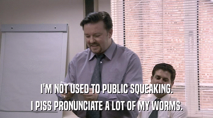 I'M NOT USED TO PUBLIC SQUEAKING. I PISS PRONUNCIATE A LOT OF MY WORMS. 