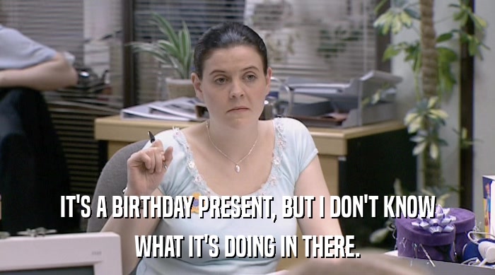 IT'S A BIRTHDAY PRESENT, BUT I DON'T KNOW WHAT IT'S DOING IN THERE. 