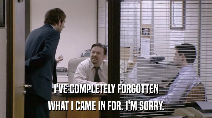 I'VE COMPLETELY FORGOTTEN WHAT I CAME IN FOR. I'M SORRY. 