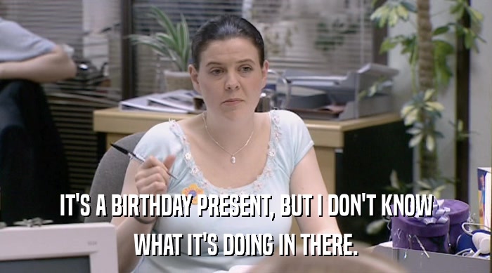 IT'S A BIRTHDAY PRESENT, BUT I DON'T KNOW WHAT IT'S DOING IN THERE. 