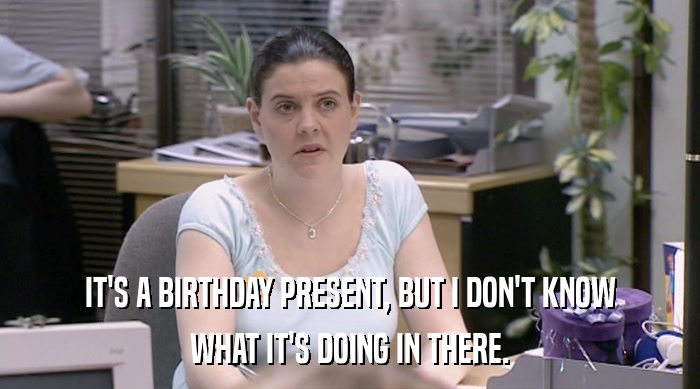IT'S A BIRTHDAY PRESENT, BUT I DON'T KNOW WHAT IT'S DOING IN THERE. 