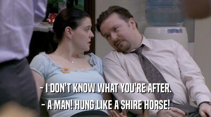 - I DON'T KNOW WHAT YOU'RE AFTER.
 - A MAN! HUNG LIKE A SHIRE HORSE! 