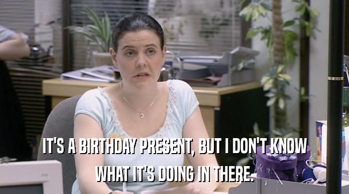 IT'S A BIRTHDAY PRESENT, BUT I DON'T KNOW WHAT IT'S DOING IN THERE. 