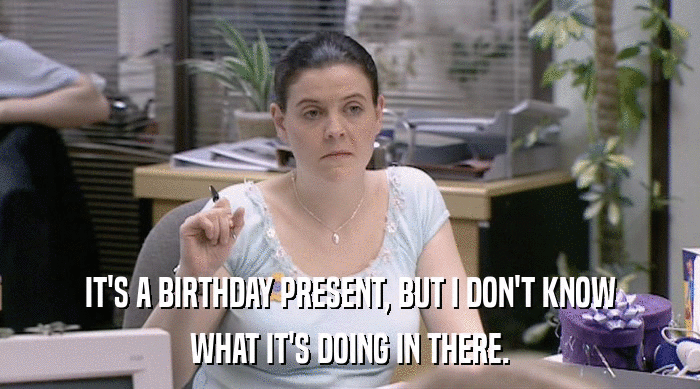 IT'S A BIRTHDAY PRESENT, BUT I DON'T KNOW WHAT IT'S DOING IN THERE. 