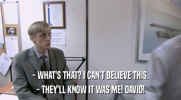 - WHAT'S THAT? I CAN'T BELIEVE THIS. - THEY'LL KNOW IT WAS ME! DAVID! 