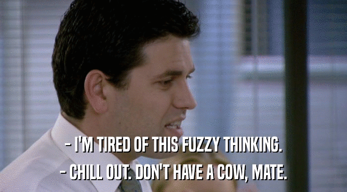 - I'M TIRED OF THIS FUZZY THINKING. - CHILL OUT. DON'T HAVE A COW, MATE. 