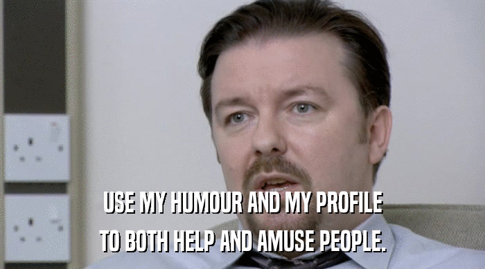 USE MY HUMOUR AND MY PROFILE TO BOTH HELP AND AMUSE PEOPLE. 