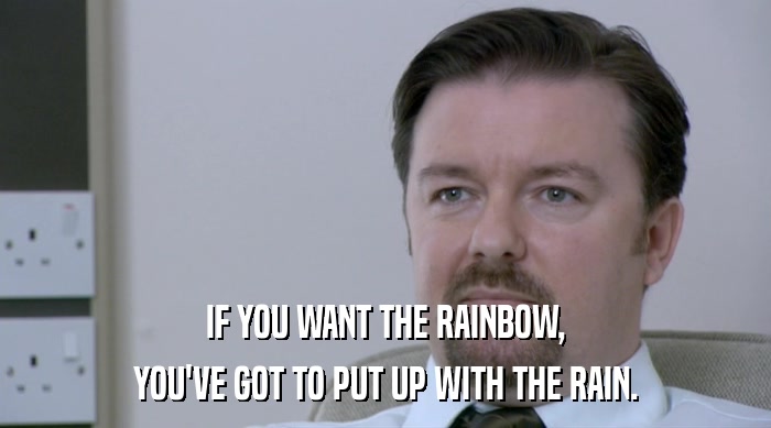 IF YOU WANT THE RAINBOW, YOU'VE GOT TO PUT UP WITH THE RAIN. 
