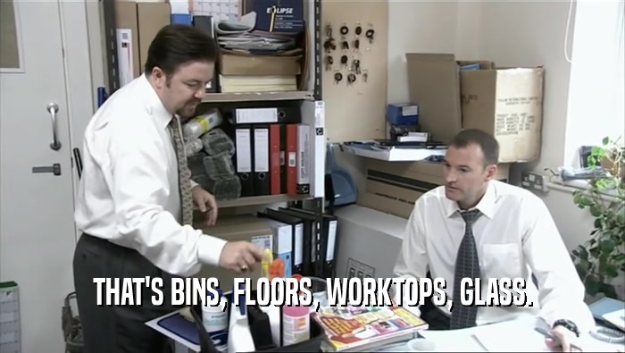 THAT'S BINS, FLOORS, WORKTOPS, GLASS.
  