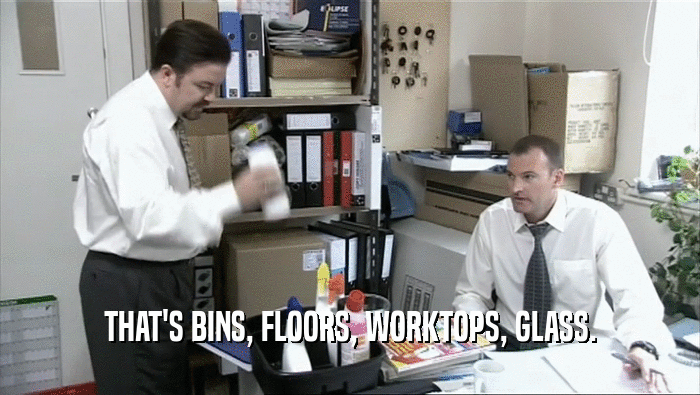 THAT'S BINS, FLOORS, WORKTOPS, GLASS.
  