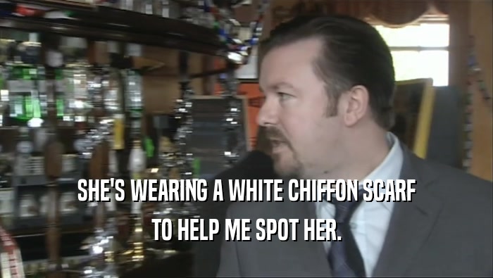 SHE'S WEARING A WHITE CHIFFON SCARF TO HELP ME SPOT HER. 