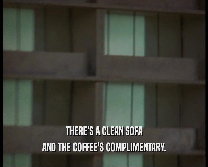 THERE'S A CLEAN SOFA
 AND THE COFFEE'S COMPLIMENTARY.
 