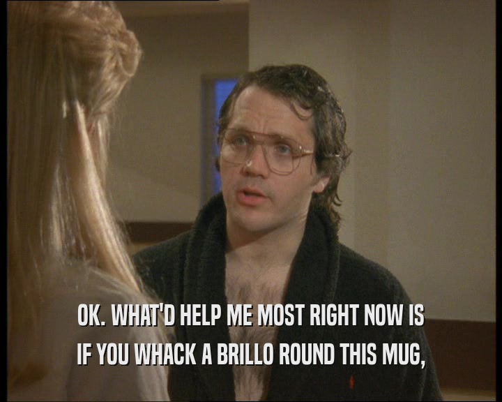 OK. WHAT'D HELP ME MOST RIGHT NOW IS IF YOU WHACK A BRILLO ROUND THIS MUG, 