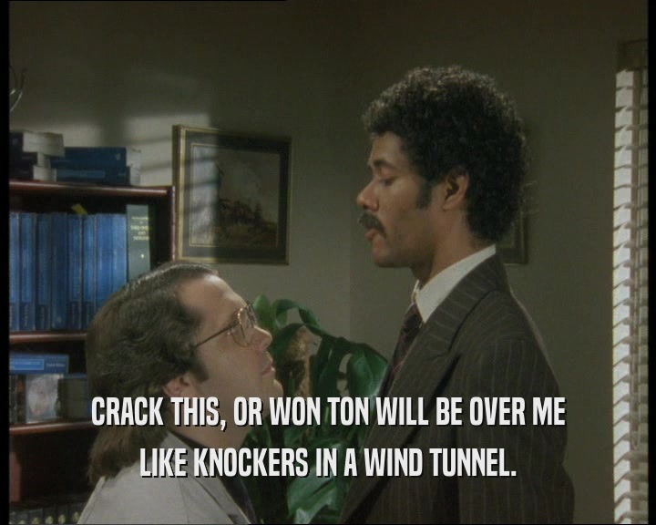 CRACK THIS, OR WON TON WILL BE OVER ME LIKE KNOCKERS IN A WIND TUNNEL. 