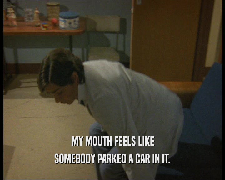 MY MOUTH FEELS LIKE SOMEBODY PARKED A CAR IN IT. 
