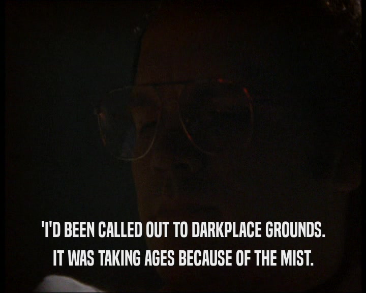 'I'D BEEN CALLED OUT TO DARKPLACE GROUNDS.
 IT WAS TAKING AGES BECAUSE OF THE MIST.
 