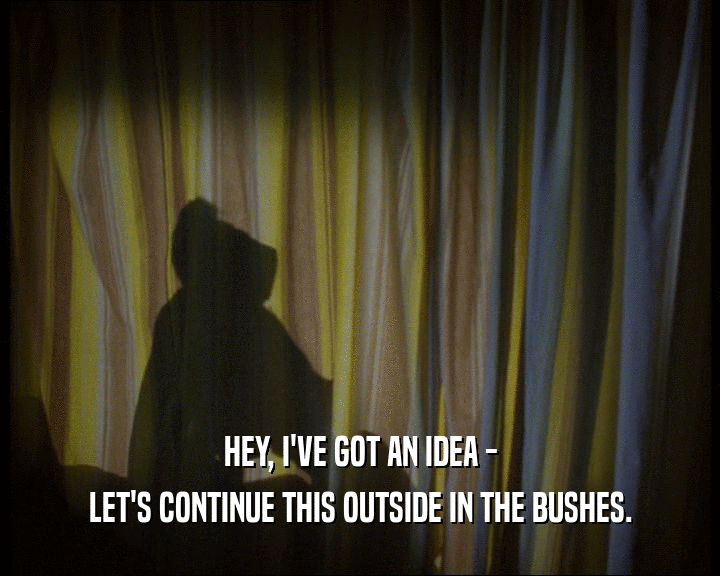 HEY, I'VE GOT AN IDEA -
 LET'S CONTINUE THIS OUTSIDE IN THE BUSHES.
 