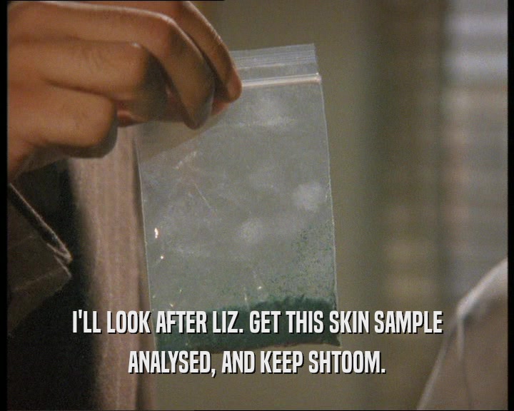 I'LL LOOK AFTER LIZ. GET THIS SKIN SAMPLE ANALYSED, AND KEEP SHTOOM. 