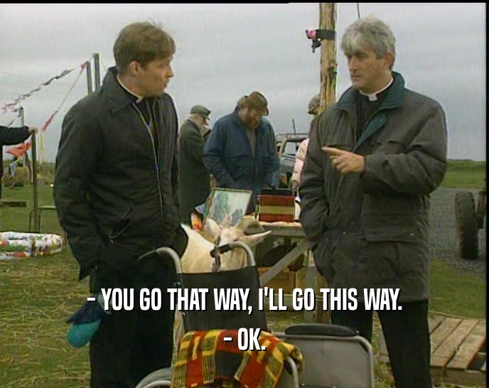 - YOU GO THAT WAY, I'LL GO THIS WAY. - OK. 