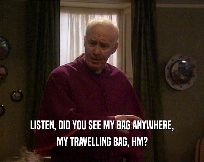 LISTEN, DID YOU SEE MY BAG ANYWHERE, MY TRAVELLING BAG, HM? 