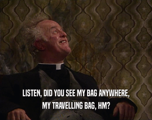 LISTEN, DID YOU SEE MY BAG ANYWHERE, MY TRAVELLING BAG, HM? 