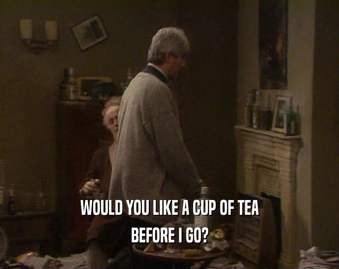 WOULD YOU LIKE A CUP OF TEA BEFORE I GO? 