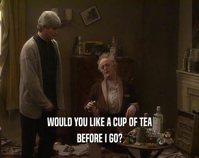 WOULD YOU LIKE A CUP OF TEA BEFORE I GO? 