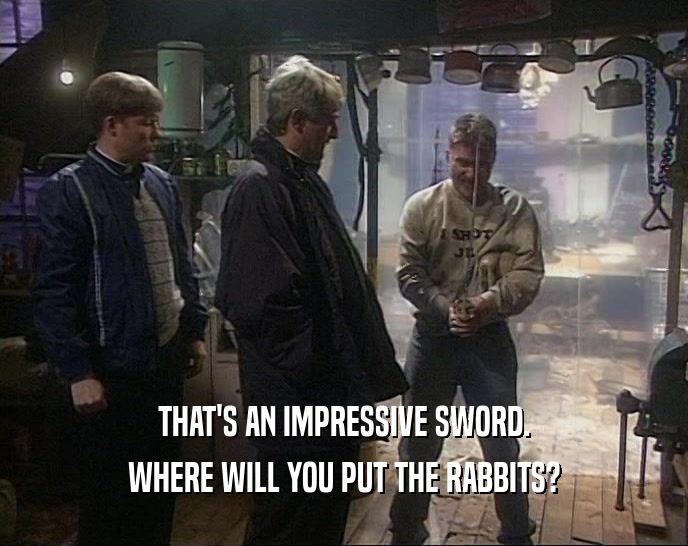 THAT'S AN IMPRESSIVE SWORD.
 WHERE WILL YOU PUT THE RABBITS?
 