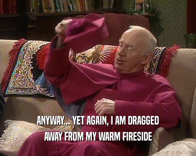 ANYWAY... YET AGAIN, I AM DRAGGED AWAY FROM MY WARM FIRESIDE 