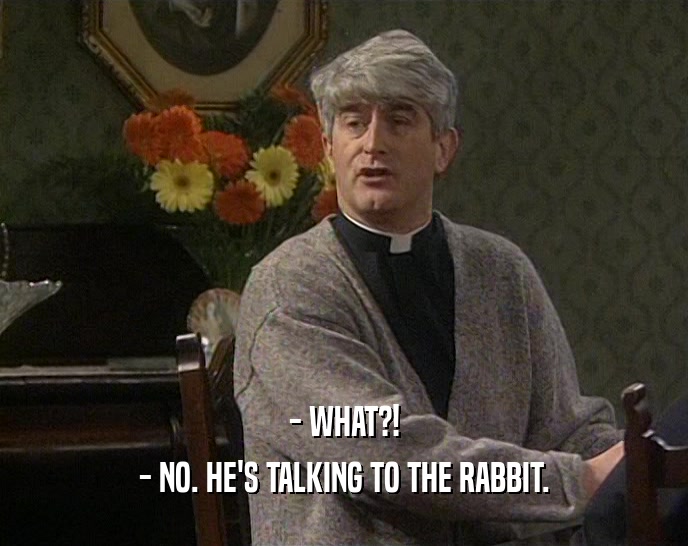 - WHAT?!
 - NO. HE'S TALKING TO THE RABBIT.
 