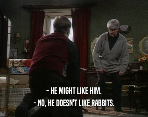 - HE MIGHT LIKE HIM.
 - NO, HE DOESN'T LIKE RABBITS.
 