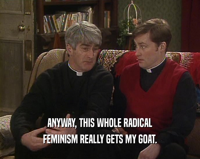 ANYWAY, THIS WHOLE RADICAL
 FEMINISM REALLY GETS MY GOAT.
 