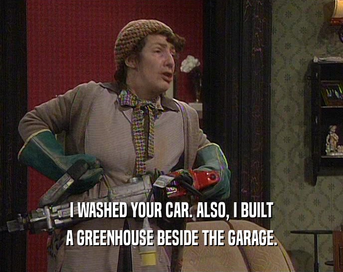 I WASHED YOUR CAR. ALSO, I BUILT A GREENHOUSE BESIDE THE GARAGE. 