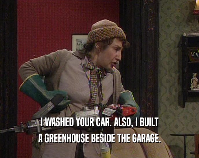 I WASHED YOUR CAR. ALSO, I BUILT A GREENHOUSE BESIDE THE GARAGE. 