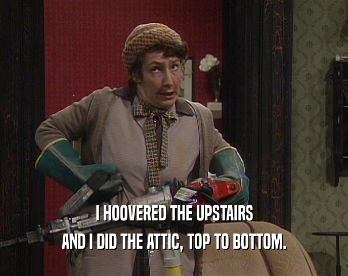 I HOOVERED THE UPSTAIRS AND I DID THE ATTIC, TOP TO BOTTOM. 