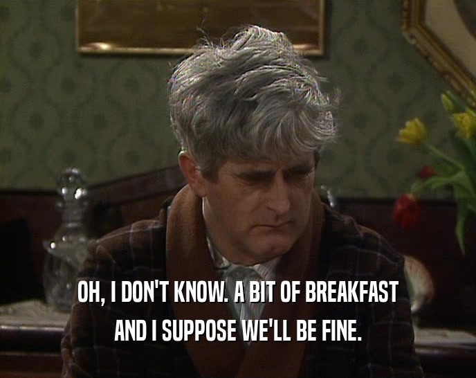 OH, I DON'T KNOW. A BIT OF BREAKFAST AND I SUPPOSE WE'LL BE FINE. 