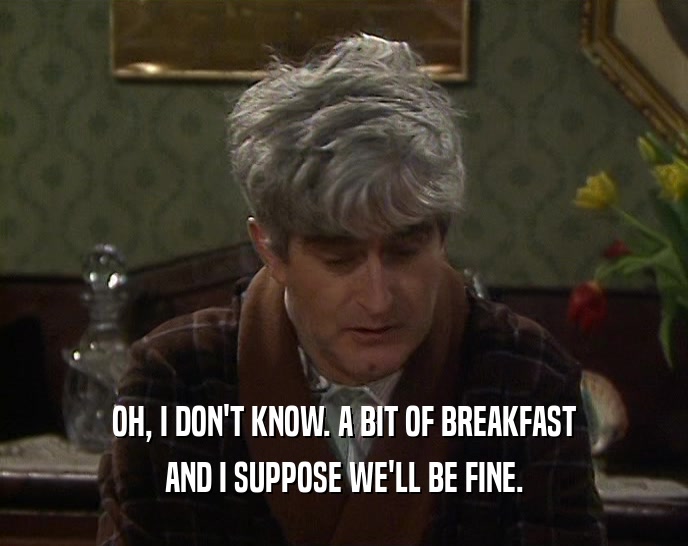 OH, I DON'T KNOW. A BIT OF BREAKFAST AND I SUPPOSE WE'LL BE FINE. 