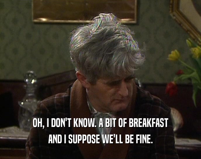OH, I DON'T KNOW. A BIT OF BREAKFAST AND I SUPPOSE WE'LL BE FINE. 