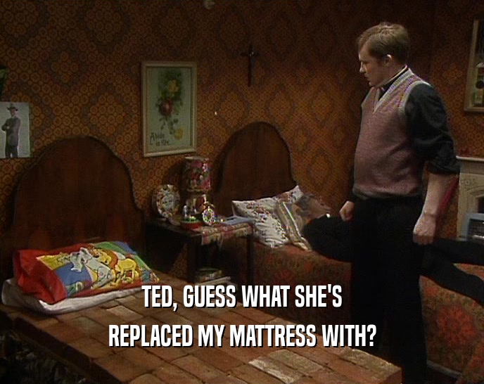TED, GUESS WHAT SHE'S
 REPLACED MY MATTRESS WITH?
 