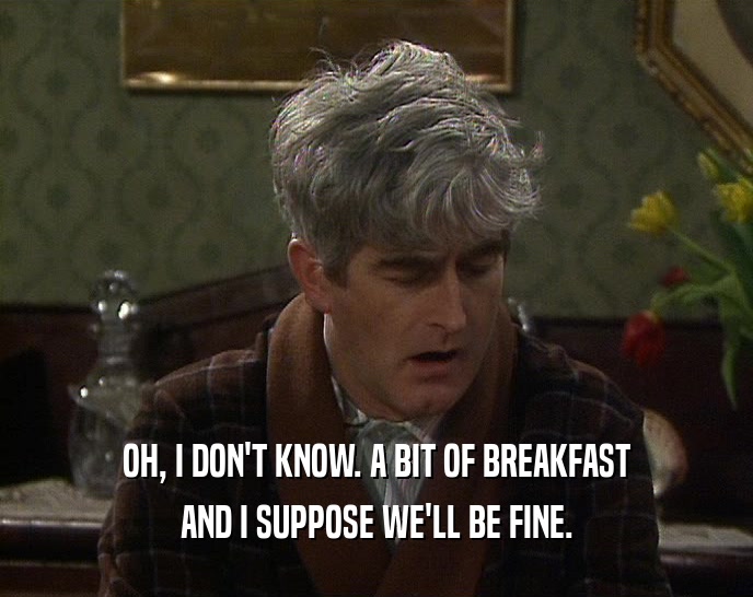 OH, I DON'T KNOW. A BIT OF BREAKFAST AND I SUPPOSE WE'LL BE FINE. 