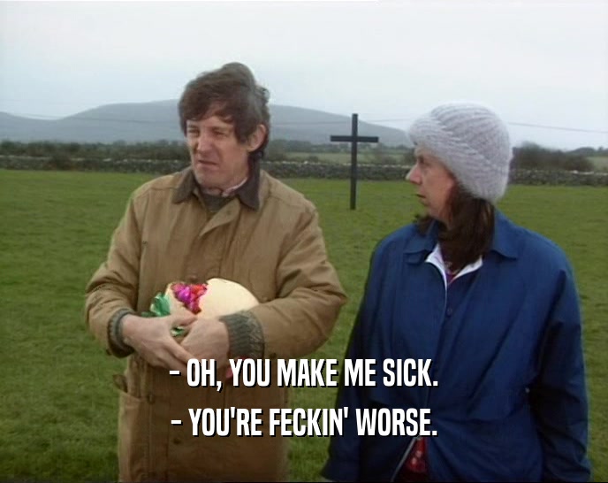 - OH, YOU MAKE ME SICK. - YOU'RE FECKIN' WORSE. 