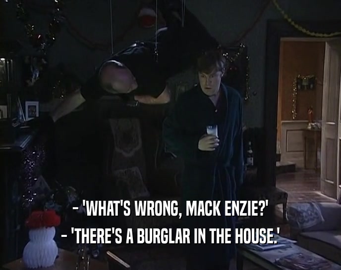 - 'WHAT'S WRONG, MACK ENZIE?'
 - 'THERE'S A BURGLAR IN THE HOUSE.'
 