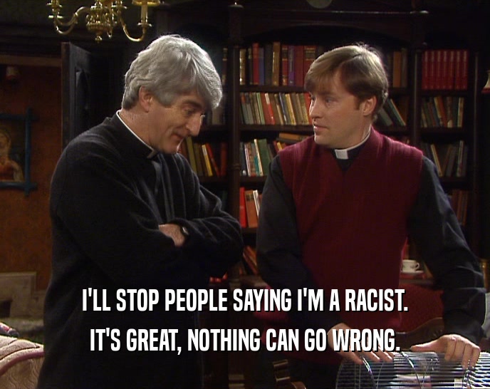 I'LL STOP PEOPLE SAYING I'M A RACIST.
 IT'S GREAT, NOTHING CAN GO WRONG.
 