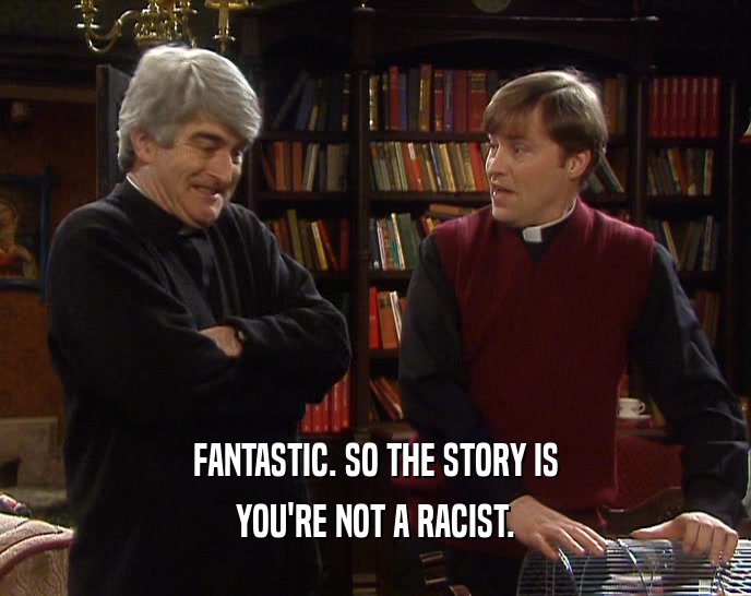 FANTASTIC. SO THE STORY IS YOU'RE NOT A RACIST. 