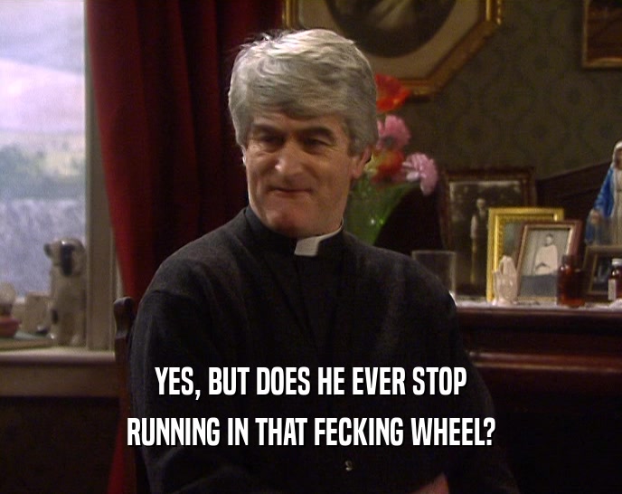 YES, BUT DOES HE EVER STOP RUNNING IN THAT FECKING WHEEL? 
