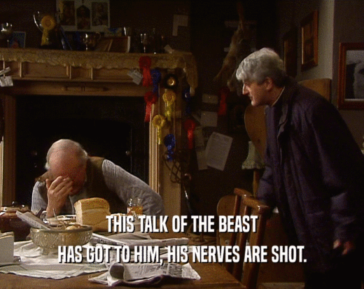 THIS TALK OF THE BEAST HAS GOT TO HIM, HIS NERVES ARE SHOT. 
