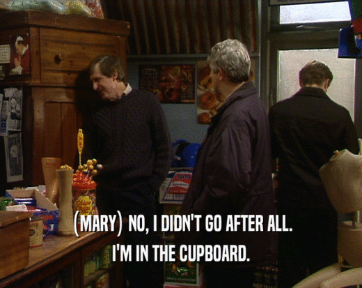 (MARY) NO, I DIDN'T GO AFTER ALL. I'M IN THE CUPBOARD. 